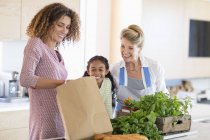 Senior woman with daughter and granddaughter looking at greens in kitchen — Stock Photo