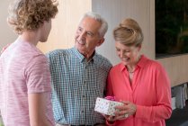 Glückliche Großeltern und Teenager-Enkel mit Geburtstagsgeschenk zu Hause — Stockfoto