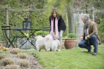 Coppia che gioca con simpatici cani in giardino — Foto stock
