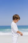 Menino segurando uma concha na praia sob o céu azul — Fotografia de Stock