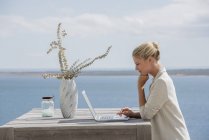 Young elegant woman using laptop at wooden table on lake shore — Stock Photo