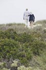 Rear view of senior couple walking on coast — Stock Photo