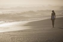 Jeune femme sensuelle en maillot de bain marchant sur une plage de sable — Photo de stock