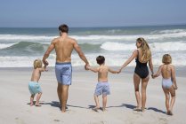 Visão traseira da família andando na praia de mãos dadas — Fotografia de Stock