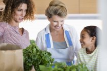 Senior woman with daughter and granddaughter talking in kitchen — Stock Photo