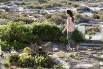 Woman walking on sunny coast with vegetation — Stock Photo