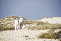 Rear view of senior couple walking on coast — Stock Photo