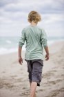 Vista trasera del niño caminando en la playa de arena bajo el cielo nublado - foto de stock