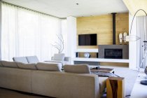 Интерьер современной гостиной с удобным диваном — стоковое фото
