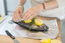 El primer plano de las manos femeninas que preparan el pez en la cocina - foto de stock