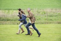 Joyeux famille courir dans le champ vert — Photo de stock