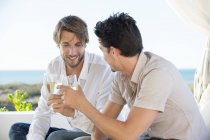 Amici maschi sorridenti godendo di vino bianco all'aperto — Foto stock