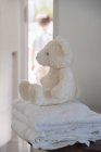 Close-up de brinquedo macio em toalhas com criança no fundo — Fotografia de Stock