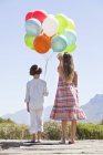 Visão traseira de irmãos de pé com balões coloridos em um cais na natureza — Fotografia de Stock