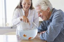 Girl showing golden fish to grandfather in fishbowl — Stock Photo