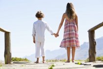 Rear view of siblings standing holding hands at wooden pier in nature — Stock Photo