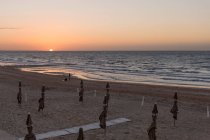 França, Normandia, guarda-sóis de praia na praia ao pôr do sol — Fotografia de Stock