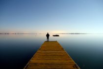 La Marna. Alta Marna. Lago di DER in inverno. Sito di Chantecoq di notte. Un pontone sul lago. L'uomo che ammira il lago. — Foto stock