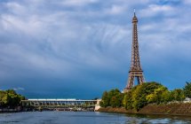 Francia, distrito 15 de París, Torre Eiffel, le aux Cygnes y pont de Bir-Hakeim sobre el río Sena - foto de stock
