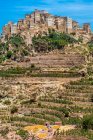 Middle East, Yemen, Centre West, Jebel Harraz region (UNESCO World Heritage Tentative list) hilltop village and terrace cultivation at Al Hajjarah — Stock Photo