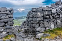 Europa, República de Irlanda, Condado de Galway, Islas Aran, Isla Inishmore, acantilados excavados junto al mar cerca del yacimiento prehistórico de Dun Aengus Ringfort (Aonghasa) (1100 a.C. - 800 d.C.) (Monumento Nacional) - foto de stock