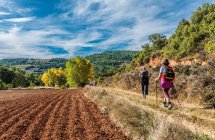 España, Aragón, excursionistas en el campo cerca de Aguero - foto de stock