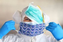 Protection against coronavirus. Alternative fabric mask. Man with different type of masks. — Stock Photo