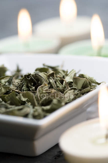Primer plano de hojas de menta secas y velas en el spa - foto de stock