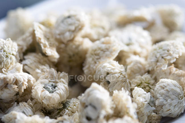 Close-up of dried chamomile flowers in plate — Stock Photo