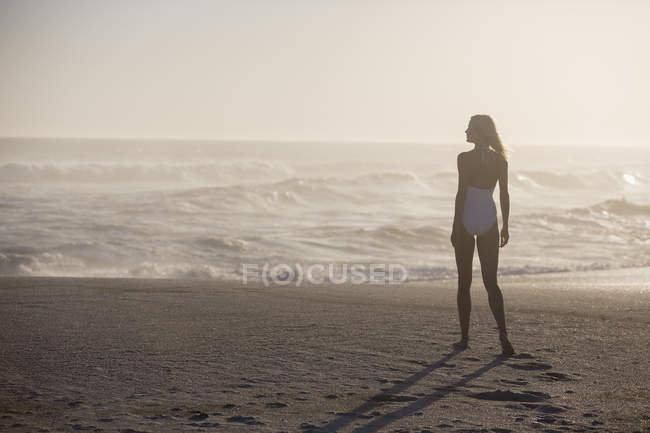 Вид сзади женщины, стоящей на пляже — стоковое фото