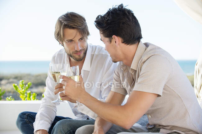 Two male friends toasting with wine — Stock Photo