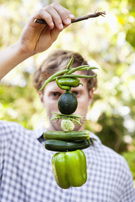 Man holding vegetables hanging on twig outdoors — Stock Photo