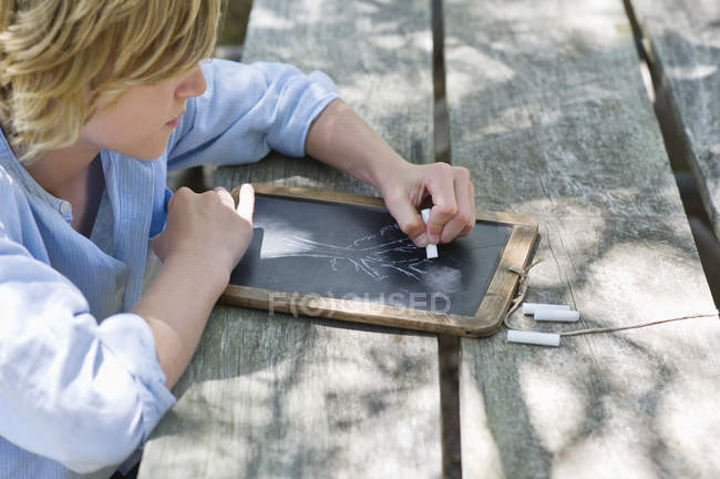 Adolescent garçon faire dessin de l'arbre sur ardoise à l'extérieur — Photo de stock