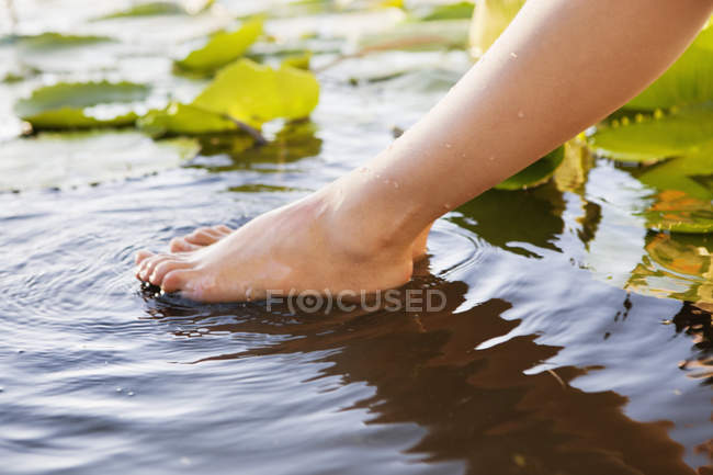 Gros plan de la jambe femelle dans un étang avec des feuilles de lis — Photo de stock