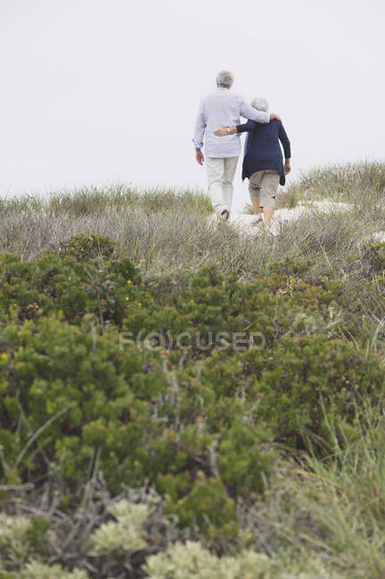 Visão traseira do casal sênior andando na costa — Fotografia de Stock