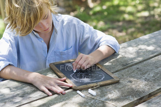 Adolescent garçon faire dessin de l'arbre sur ardoise à l'extérieur — Photo de stock