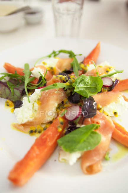 Копчений лосось з салатом і сиром моцарелла — стокове фото