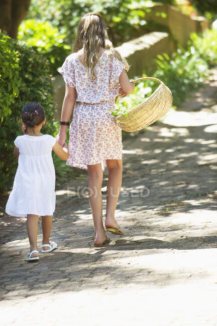 Rear view of siblings walking holding hands in garden — Stock Photo