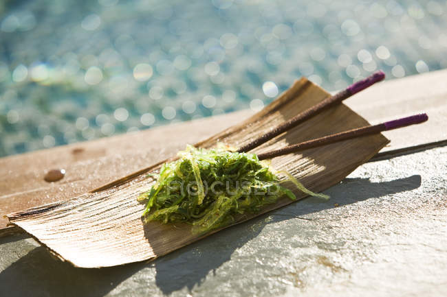 Крупним планом морські водорості з паличками на дерев'яному лотку біля басейну — стокове фото