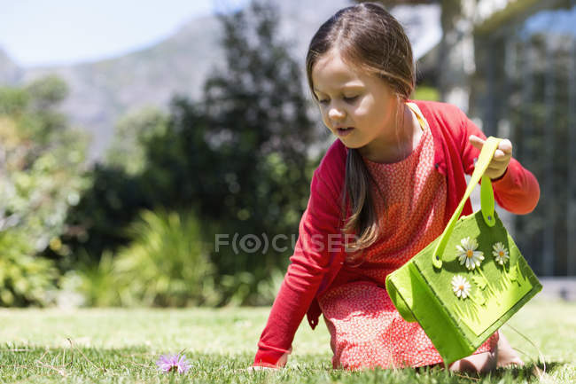 Маленька дівчинка з сумкою дивиться на квітку на зеленому газоні в природі — стокове фото