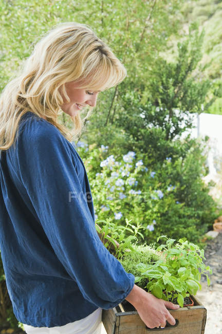 Mulher sorrindo transportando caixa de plantas no jardim — Fotografia de Stock