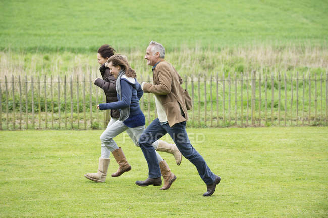 Família feliz correndo em campo verde — Fotografia de Stock