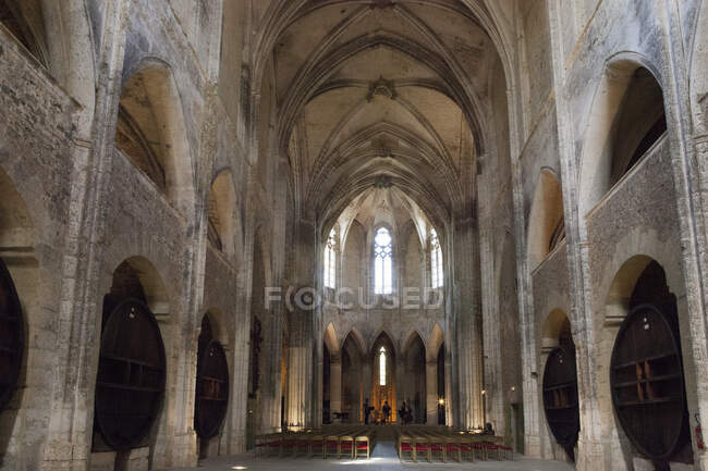 France, Southern France, Vileveyrac, Cistercian abbey of Holy Mary of Valmagne, 13th century, gothic style, nave turned into a wine storehouse after the Revolution — Stock Photo