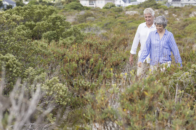 Старая пара, идущая по лугу — стоковое фото