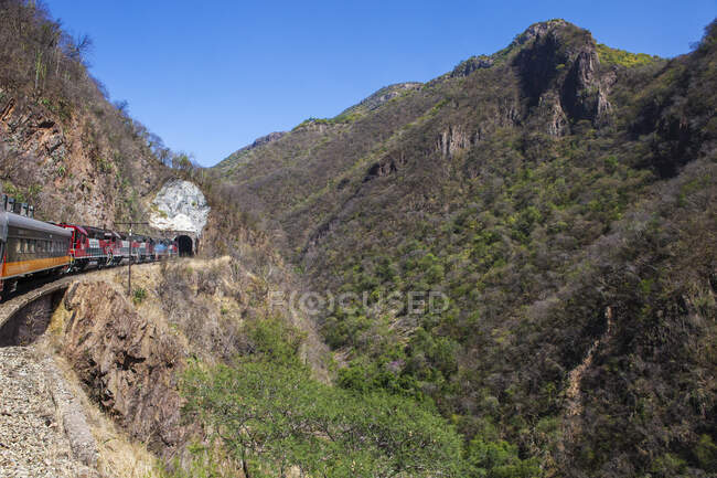 México, El Chepe, ferrocarril de Chihuahua Pacífico, conduciendo por el Cañón del Cobre - foto de stock