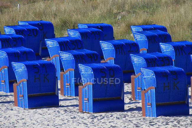 Сині пляжні стільці, Німеччина, Бінц. Курорт на німецькому морському курорті у місті Меклембург-Ворожпомеранія. — стокове фото