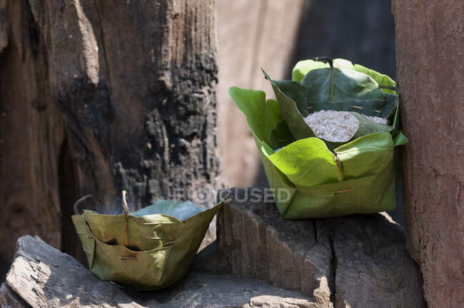 India, Orissa, distrito de Koraput, ofrendas de arroz envueltas en hojas - foto de stock