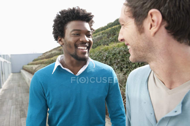 Amigos sonrientes discutiendo en el paseo marítimo en la naturaleza - foto de stock