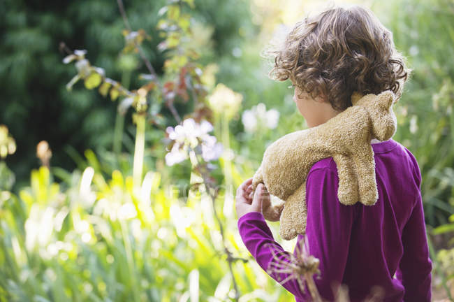 Visão traseira do menino em pé no prado com brinquedo de pelúcia no ombro — Fotografia de Stock
