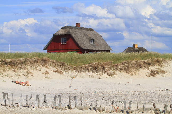 Dinamarca, Blvand. La playa. Casa detrás de la duna de arena - foto de stock